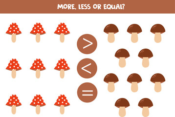 More, less or equal with cartoon cute mushrooms.