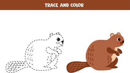 Trace and color cartoon cute beaver. Worksheet for children.