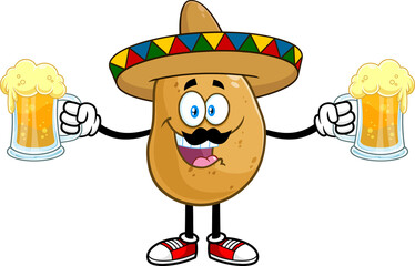 Mexican Potato Cartoon Character With Sombrero With Two Mugs Of Beer. Hand Drawn Illustration Isolated On Transparent Background