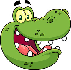 Happy Crocodile  Face Cartoon Character. Hand Drawn Illustration Isolated On Transparent Background