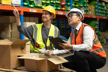 Warehouse worker tag and label products with a handheld scanner to prepare and complete orders. Verifying all products are safely and securely packed and labeled for shipment to the correct location.