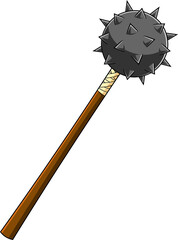 Cartoon Medieval Mace Weapon. Hand Drawn Illustration Isolated On Transparent Background