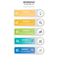 Rectangular origami infographic template or element with 5 step, process, option, colorful rectangle, tag, circle, button, label, circular, icons, bar, square, menu for sale slide, internet, brochure