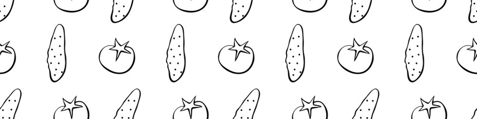 Seamless pattern with fresh cucumbers and tomatoes. Black outline on white background. Hand drawn vector doodle cartoon illustration. Concept of cooking background, textile, texture, backdrop