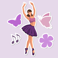 Obraz na płótnie Canvas Vector illustration classical ballet sticker. Caucasian white faceless ballerina in a purple tutu and pointe shoes dancing with flower, butterfly and musical notes in a flat style