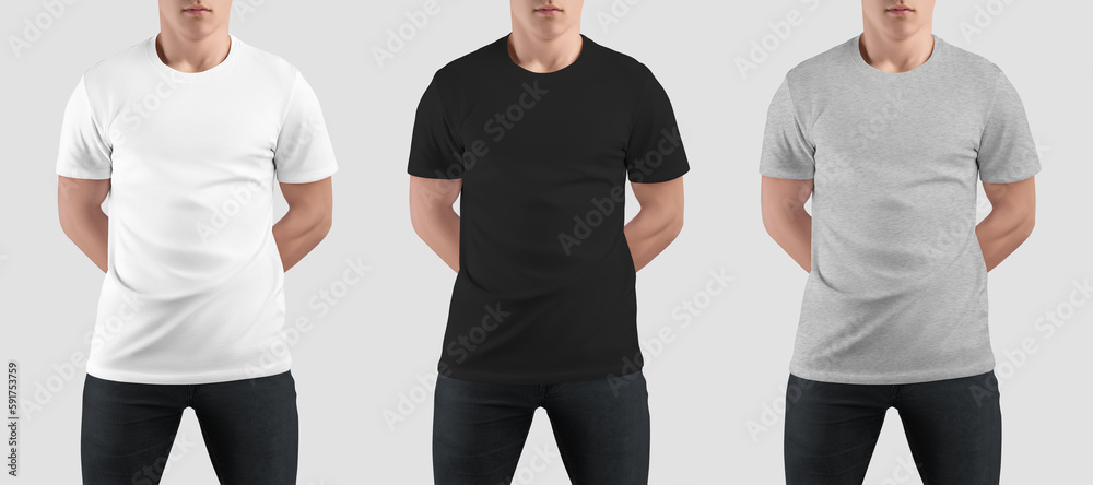 Wall mural White, black, heather t-shirt mockup on guy with hands behind, stylish clothes for design, branding, front view. - Wall murals