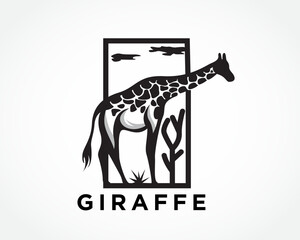 giraffe stand at nature square frame logo design template illustration inspiration