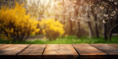 Naklejka na ściany i meble Empty wooden table in spring garden blurred background, Free space for product display. Generative Ai