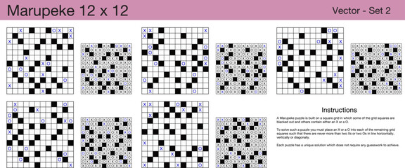 5 Marupeke 12 x 12 Puzzles. A set of scalable puzzles for kids and adults, which are ready for web use or to be compiled into a standard or large print activity book.