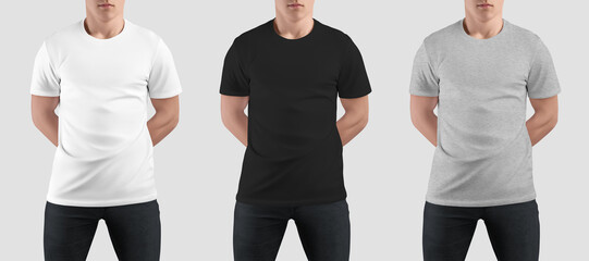 White, black, heather t-shirt mockup on guy with hands behind, stylish clothes for design,...