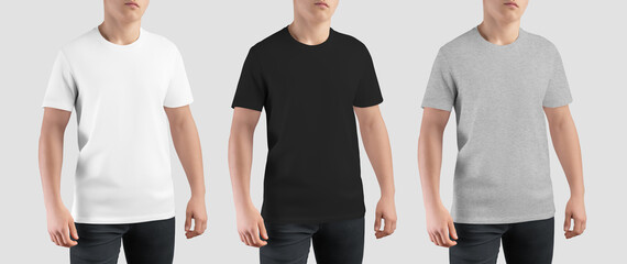 White, black, heather t-shirt mockup on athletic guy, stylish casual wear, apparel for design,...