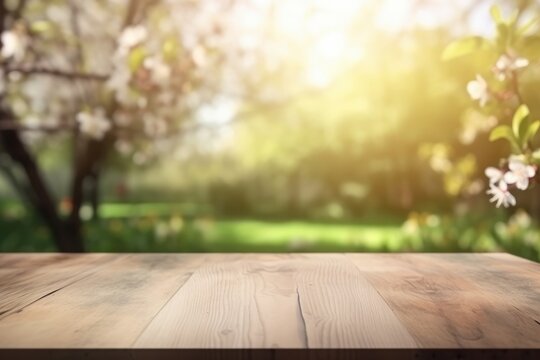 Empty wooden table in spring garden blurred background, Free space for product display. Generative Ai