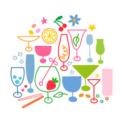 Cocktail glasses set in various colours, sizes, and styles.