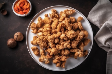 Obraz premium Chicharrn On White Plate, Top View. Colombian Food. Generative AI