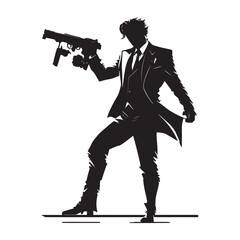 Mafia silhouette vector, Detective silhouette vector isolated, Gangster Pose. Joker with gun silhouette vector. joker silhouette.