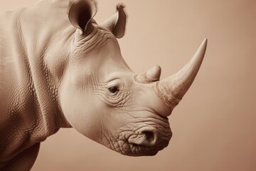 Closeup Of Rhinocerose On Isolated Beige Background. Generative AI
