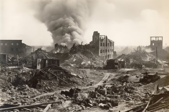 Black And White Photo Of Bombedout Factory With Smoke Rising From The Rubble. Generative AI