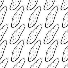 Vector seamless pattern of outline cucumbers icons. Hand drawn doodle texture, backdrop for wrapping paper, coloring. Topic of vegetables, farm products, kids design