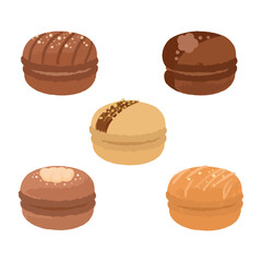 Set of macaroons with different flavors and fillings. Hand drawn watercolor vector illustration