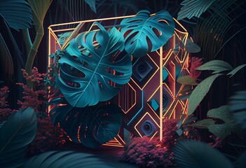 Generative AI illustration with geometric neon decoration in tropical garden
