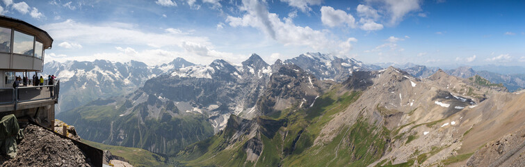 The view from Piz Gloria restaurant at the summit of the Schilthorn, overlooking the Swiss Alps