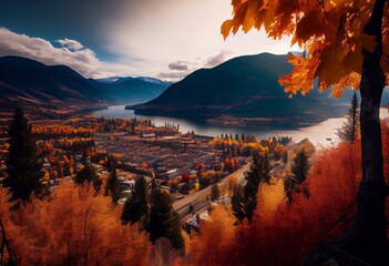 Nelson City BC Autumn Panorama. Nelson is a city located in the Selkirk Mountains on the West Arm of Kootenay Lake in the Southern Interior of British Columbia, Canada. Generative AI