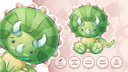 Sticker cartoon character adorable dino, pretty animal idea for print t-shirt, poster and kids envelope, postcard. Cute hand drawn style dinosaur