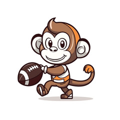 Mascot cartoon of cute smile monkey playing American football. 2d character vector illustration in isolated background