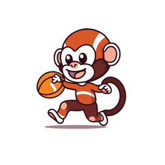 Mascot cartoon of cute smile monkey playing American football. 2d character vector illustration in isolated background