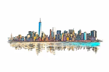Deurstickers Aquarelschilderij wolkenkrabber  New York City skyline, color sketch illustration.