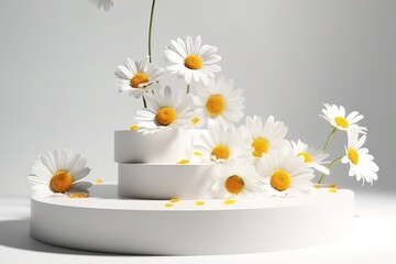 Daisy Field Podium: Stunning 3D Display of Beautiful Flowers on a Podium, 3d, podium, display, daisy, field, flowers, beauty, nature, spring, summer, garden, floral,
