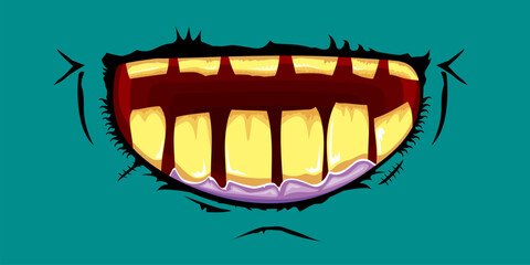 Vector cartoon funny zombie monster laughing mouth with rotten teeth isolated on a green background. Vector happy Halloween kids t-shirt design template with funky monster mouth