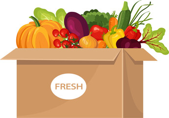 Сardboard box with groceries, fresh vegetables. Food baskets.