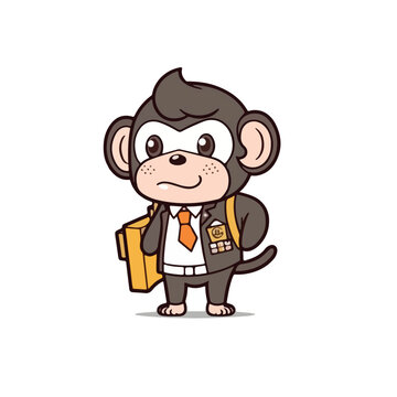 Mascot cartoon of cute smile monkey go to school wearing school bag. 2d character vector illustration in isolated background