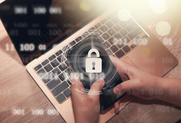 Cyber, personal data, privacy and information security. Internet networking  protection security system concept. Padlock icon on tech code background.