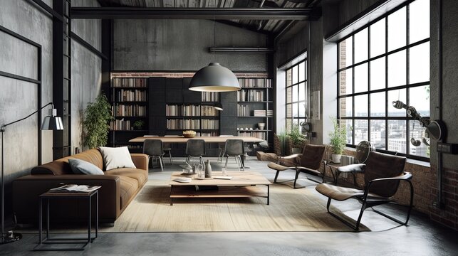Living room loft in industrial style, 3d render