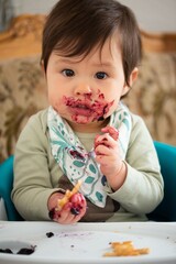 young child enjoying eating marmalade / jam / jelly