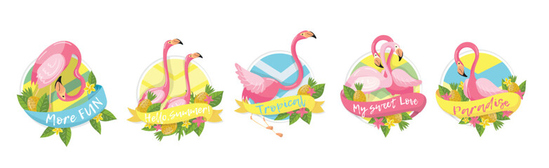 Round Badges with Exotic Pink Flamingo, Pineapple and Leaves Vector Set