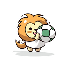 Mascot cartoon of cute smile lion playing football soccer. 2d character vector illustration in isolated background