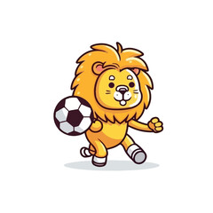 Mascot cartoon of cute smile lion playing football soccer. 2d character vector illustration in isolated background