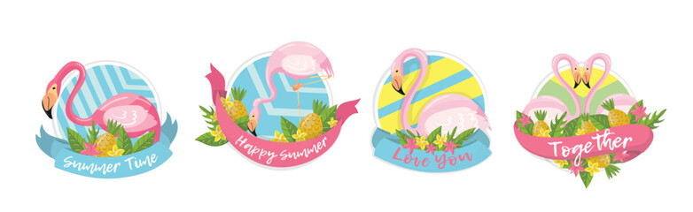 Round Badges with Exotic Pink Flamingo, Pineapple and Leaves Vector Set