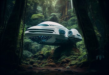 white spaceship against the extraterrastrial rainforest background, sci fi illustration. Generative AI