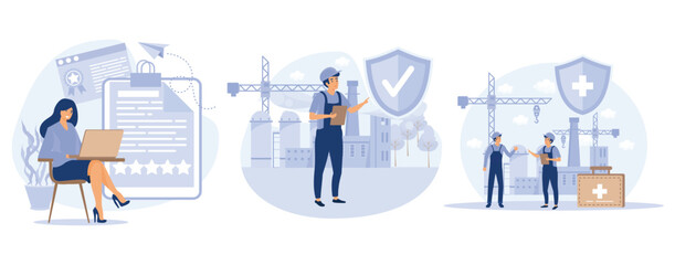Working environment concept, Quality work, workplace safety, occupational health, employee performance, workplace assessment, injury prevention, set flat vector modern illustration