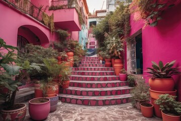Fototapeta na wymiar The Colourful Steps Of Hot Pink Street Filled With Pots With Flowers. Generative AI