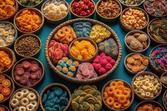 Traditional Indian Snacks Arranged In Colorful Pattern. Generative AI