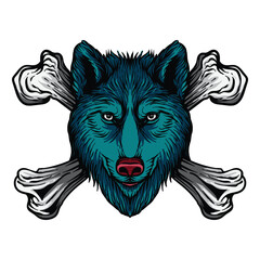 hand drawn blue wolf with bone