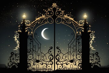 mystical gate under a crescent moon in a dark night. Generative AI