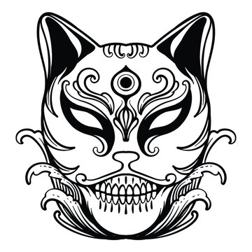 recommend clip art: tattoo design kitsune mask line art blackand white