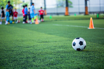 Fototapeta na wymiar Soccer ball tactics cone on grass field with for training