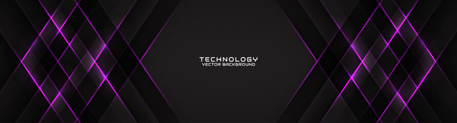 3D black techno abstract background overlap layer on dark space with purple light line effect decoration. Modern graphic design element cutout style concept for banner, flyer, card, or brochure cover